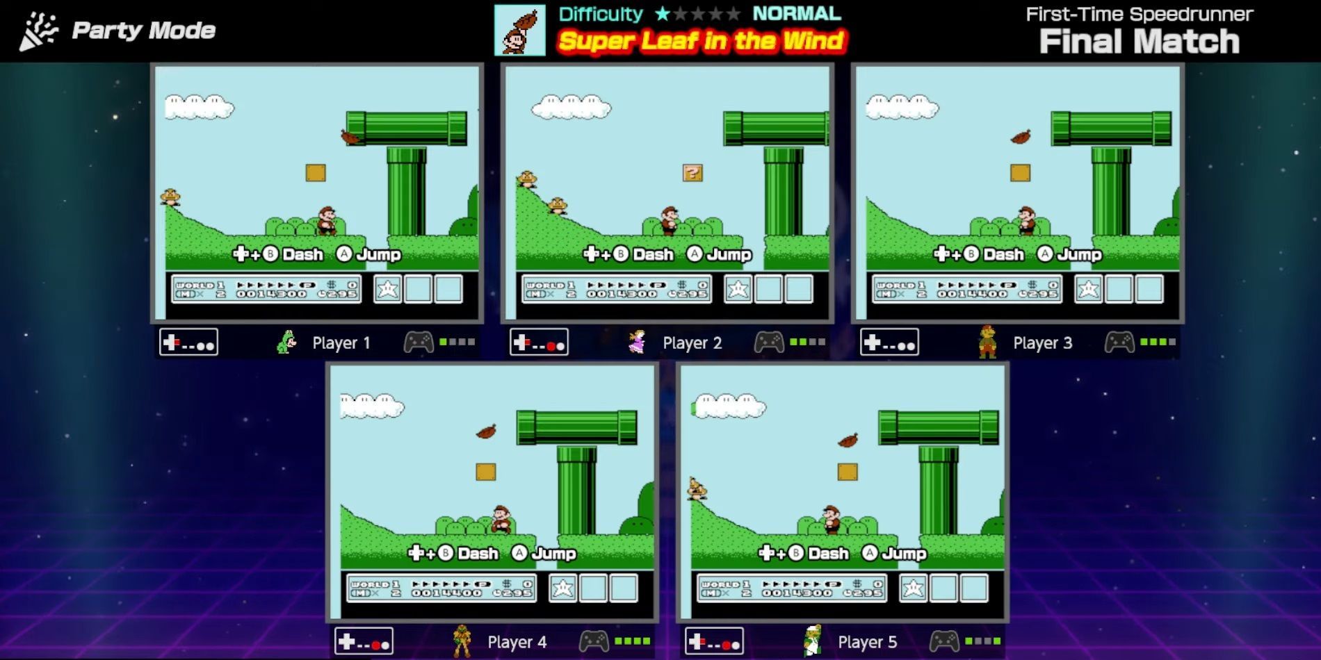 Cinco jogadores se enfrentam em uma partida de Super Mario Bros em uma captura de tela do Nintendo World Championships.