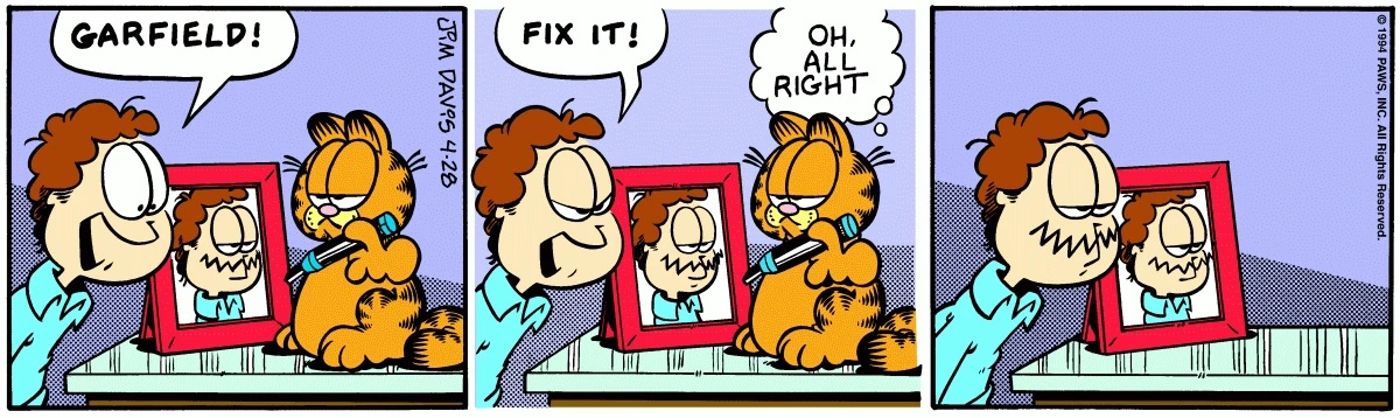 Garfield desenha um bigode no rosto de Jon depois de desenhar um em sua foto