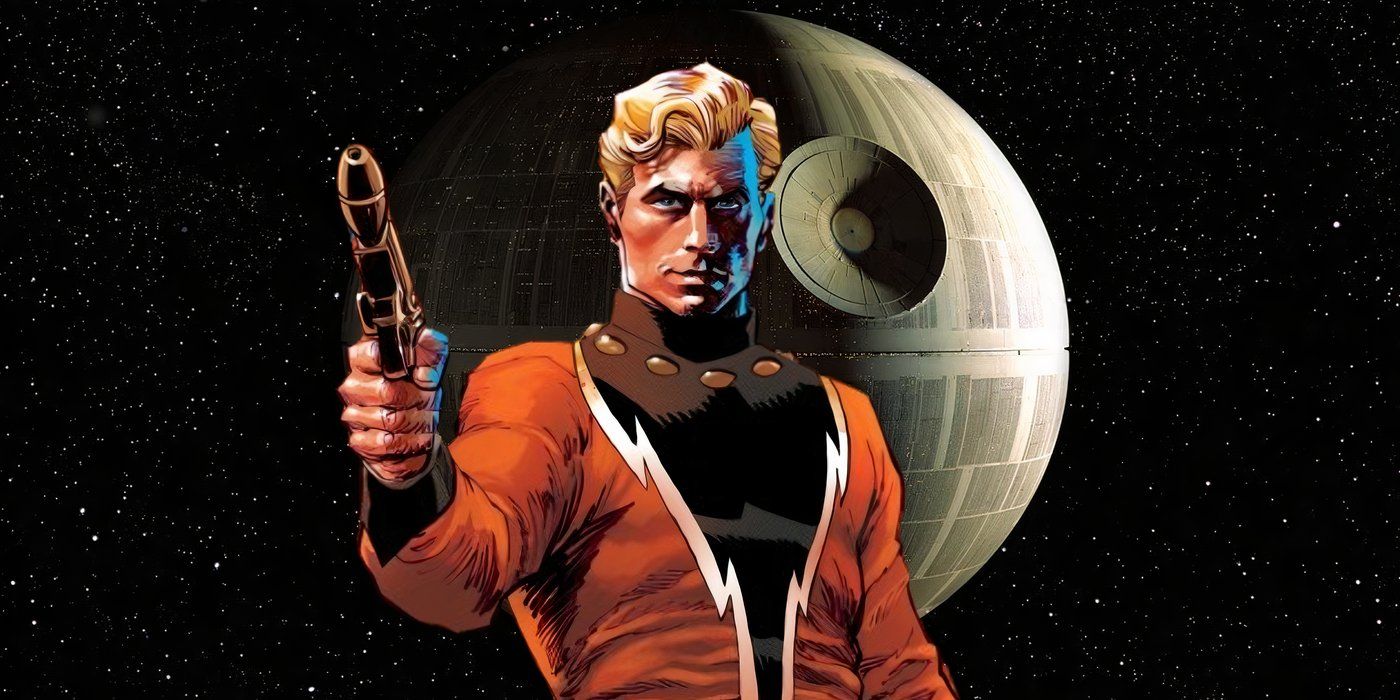 Image of the Death Star in the background with a comic book Flash Gordon in the foreground.