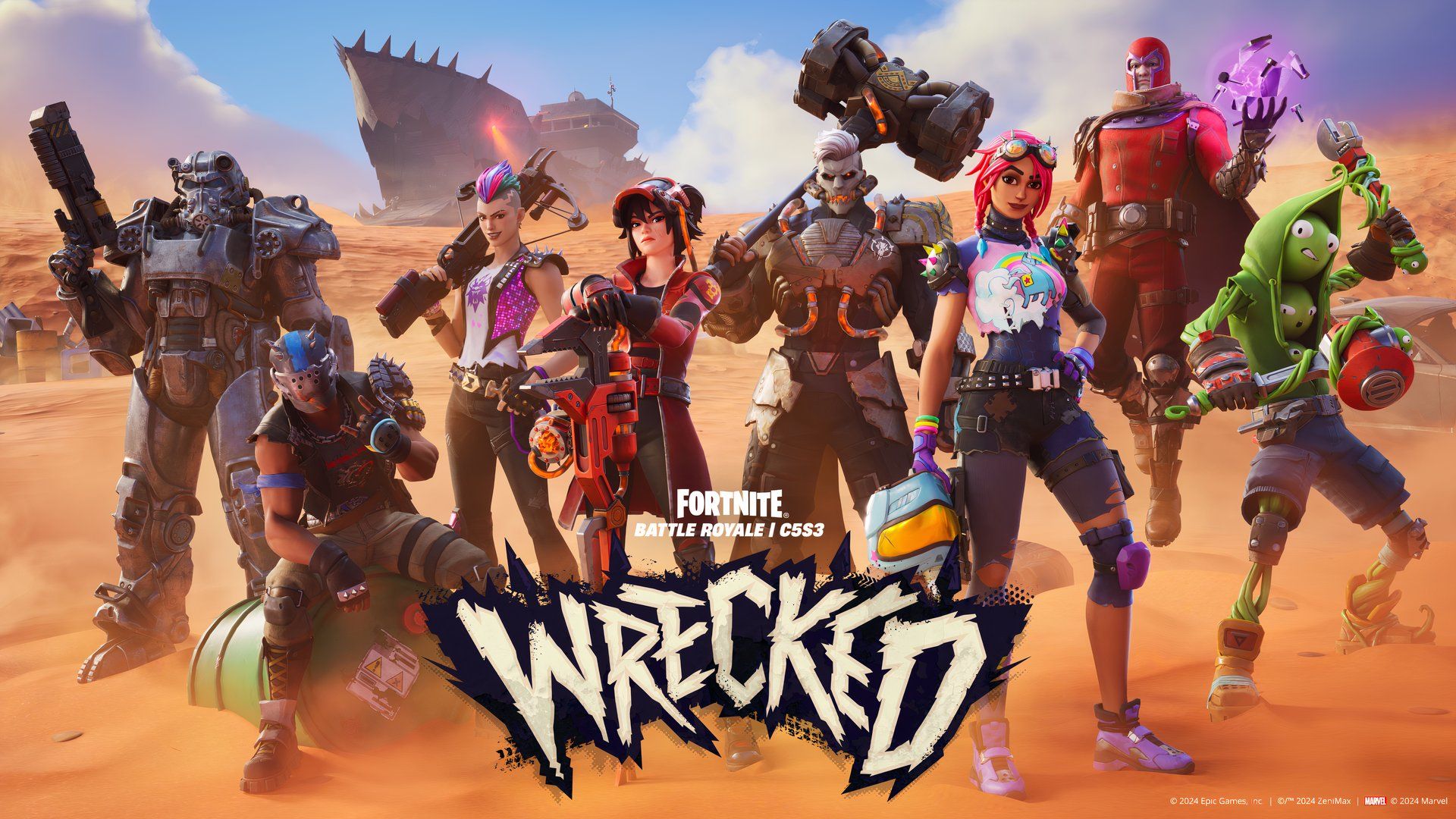 Official Fortnite Chapter 5 Season 3 image featuring T-60 power armor from Fallout and Wasteland Magneto standing in the dusty desert wasteland on the Fortnite island