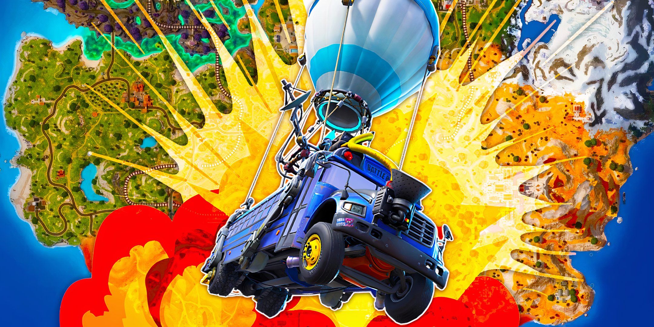Fortnite's Battle Bus flies away from an explosion against the backdrop of the Fortnite island map