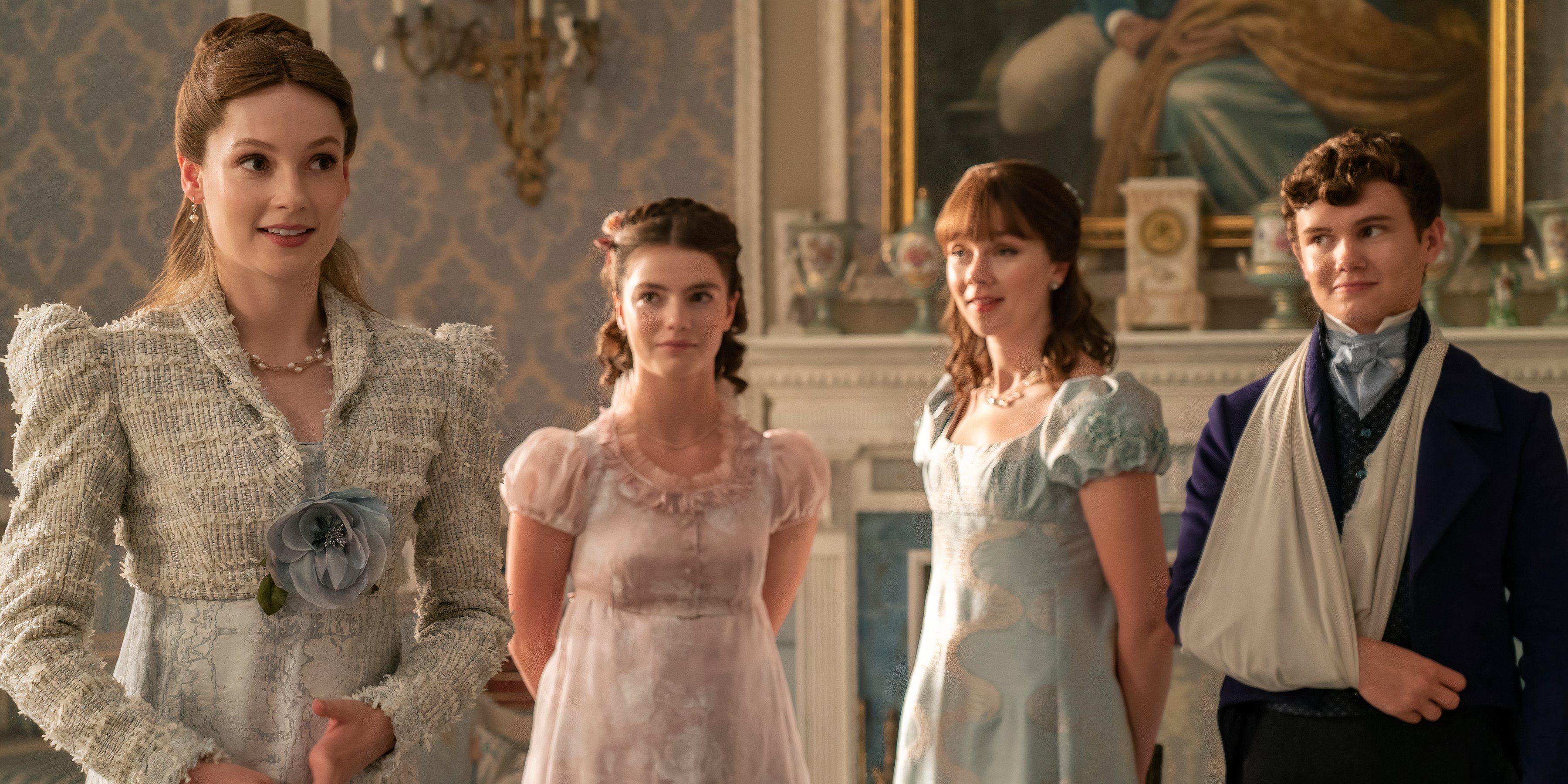 Francesca smiles with Hyacinth, Eloise and Gregory behind her in Bridgerton season 3 still