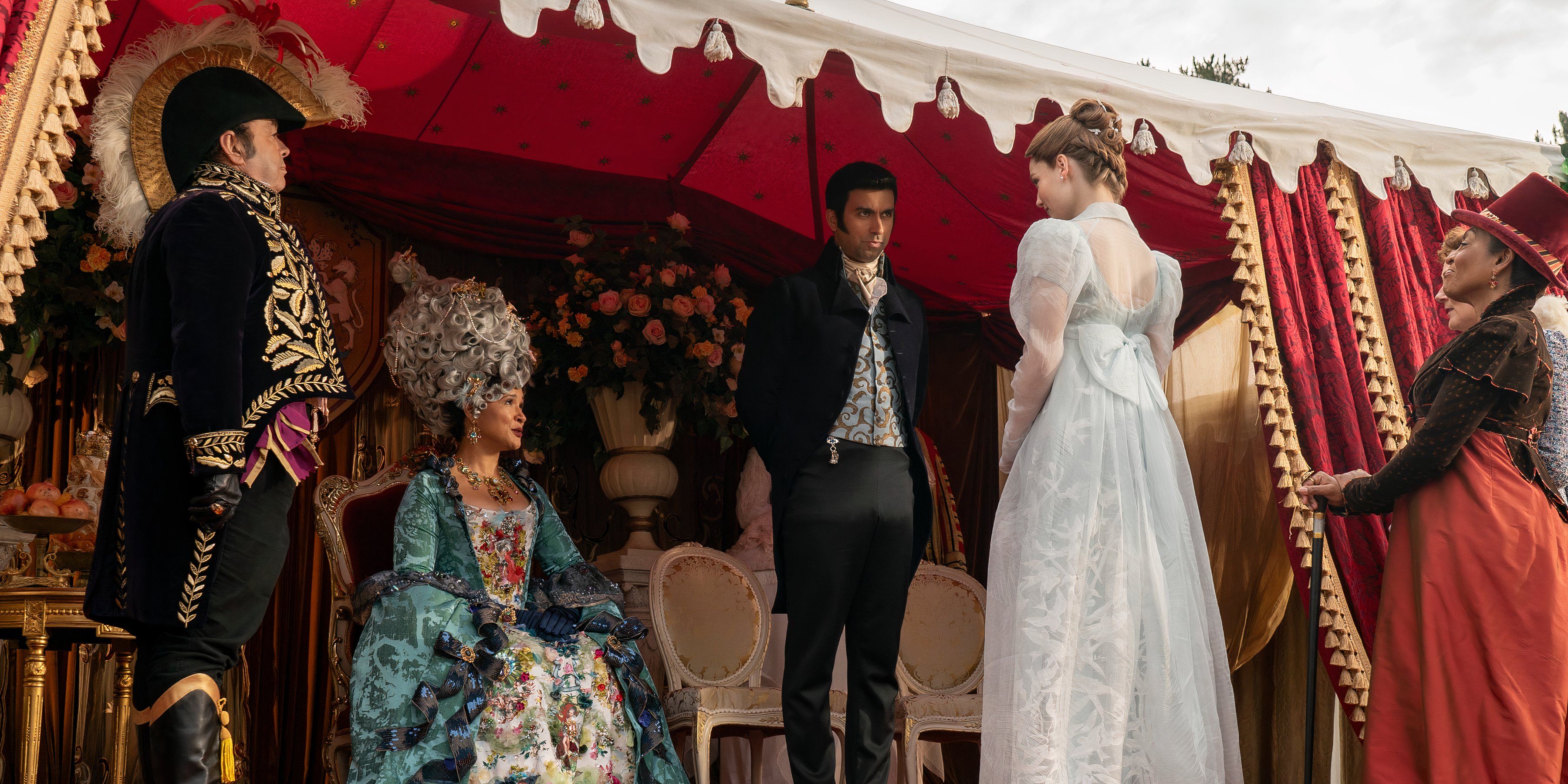 Francesca stands in front of the queen in Bridgerton season 3 still