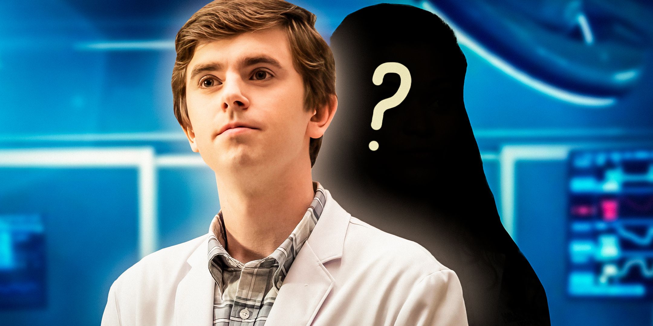 Freddie Highmore as Dr. Shaun Murphy in The Good Doctor looking confused with mystery figure behind him
