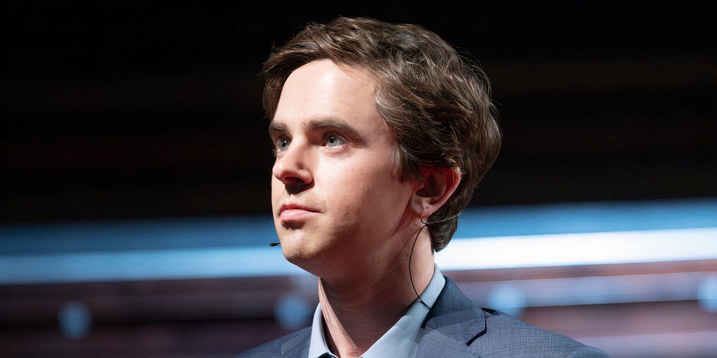 Freddie Highmore as Shaun Murphy looking into the distance while on a TED Talk stage in the Good Doctor series finale