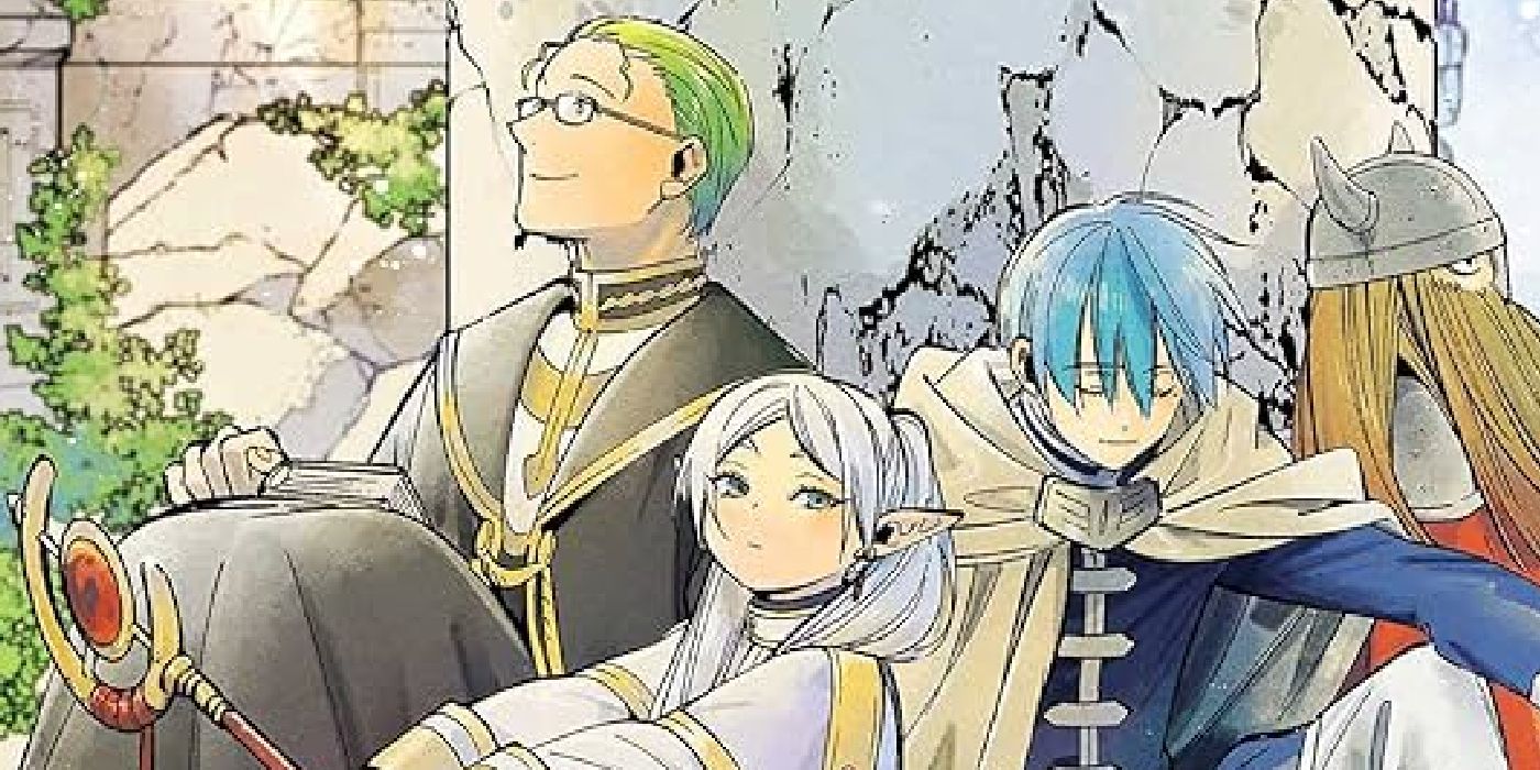 Frieren manga cover depicting the heroes as their young selves in a moment of rest among some ruins.