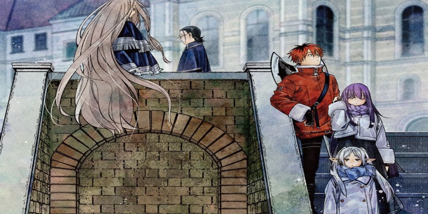 Frieren volume 13 cover of the characters walking down the stairs