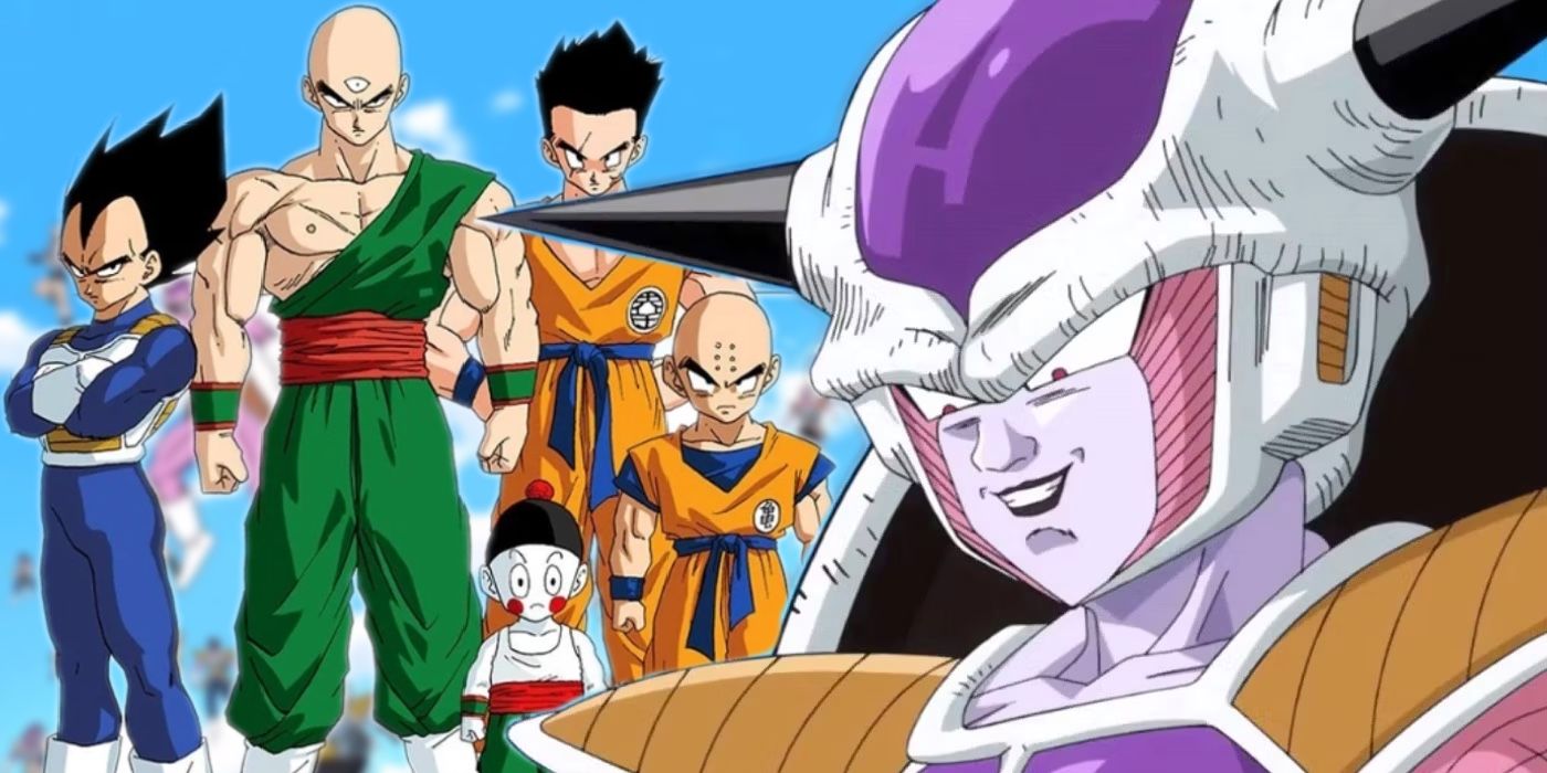 Frieza in his first form looking at and smirking at some of the Z-Fighters lined up to the left of him.
