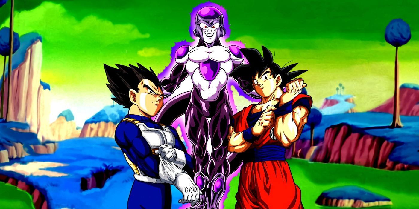 Frieza in his Black form standing over Vegeta and Goku