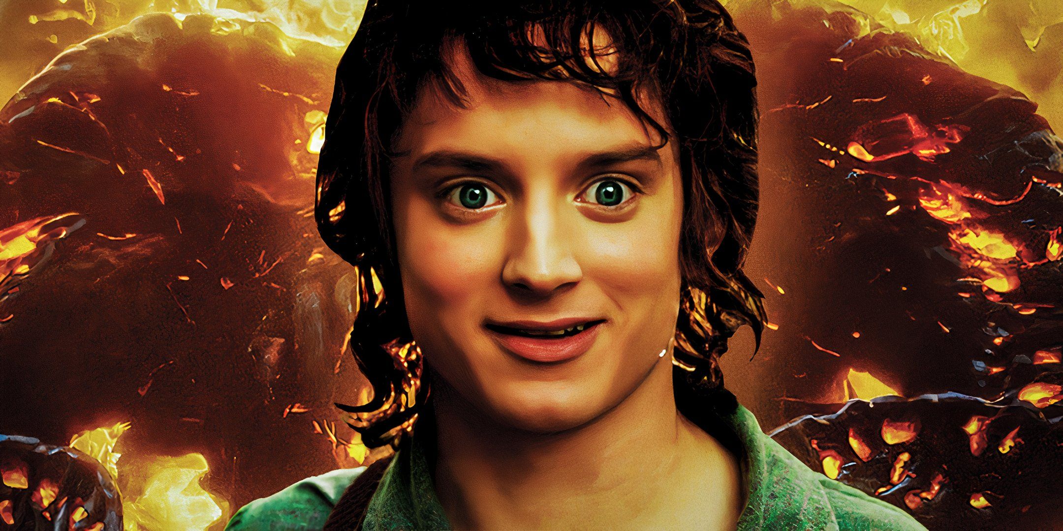 Elijah Wood smiling as Frodo from The Lord of the Rings: The Fellowship of the Ring (2001) on a fiery background