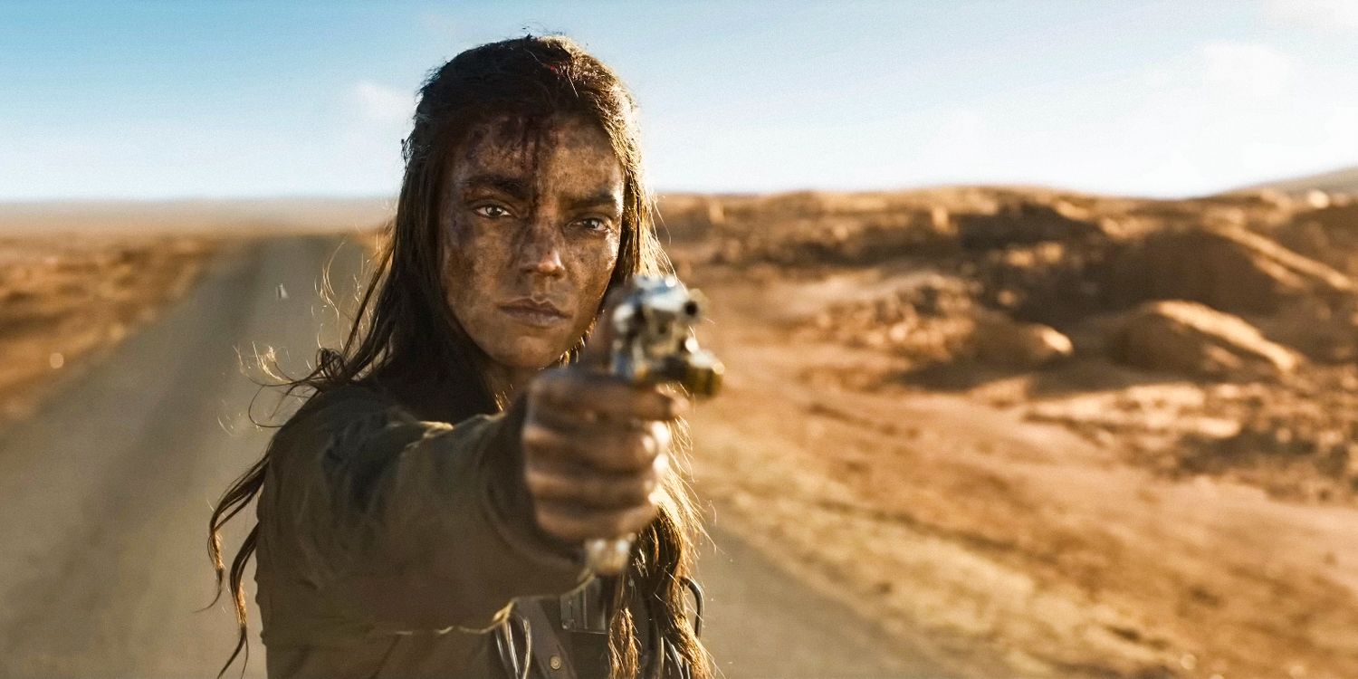 Furiosa (Anya Taylor-Joy) pointing a gun in Furiosa: A Mad Max Saga