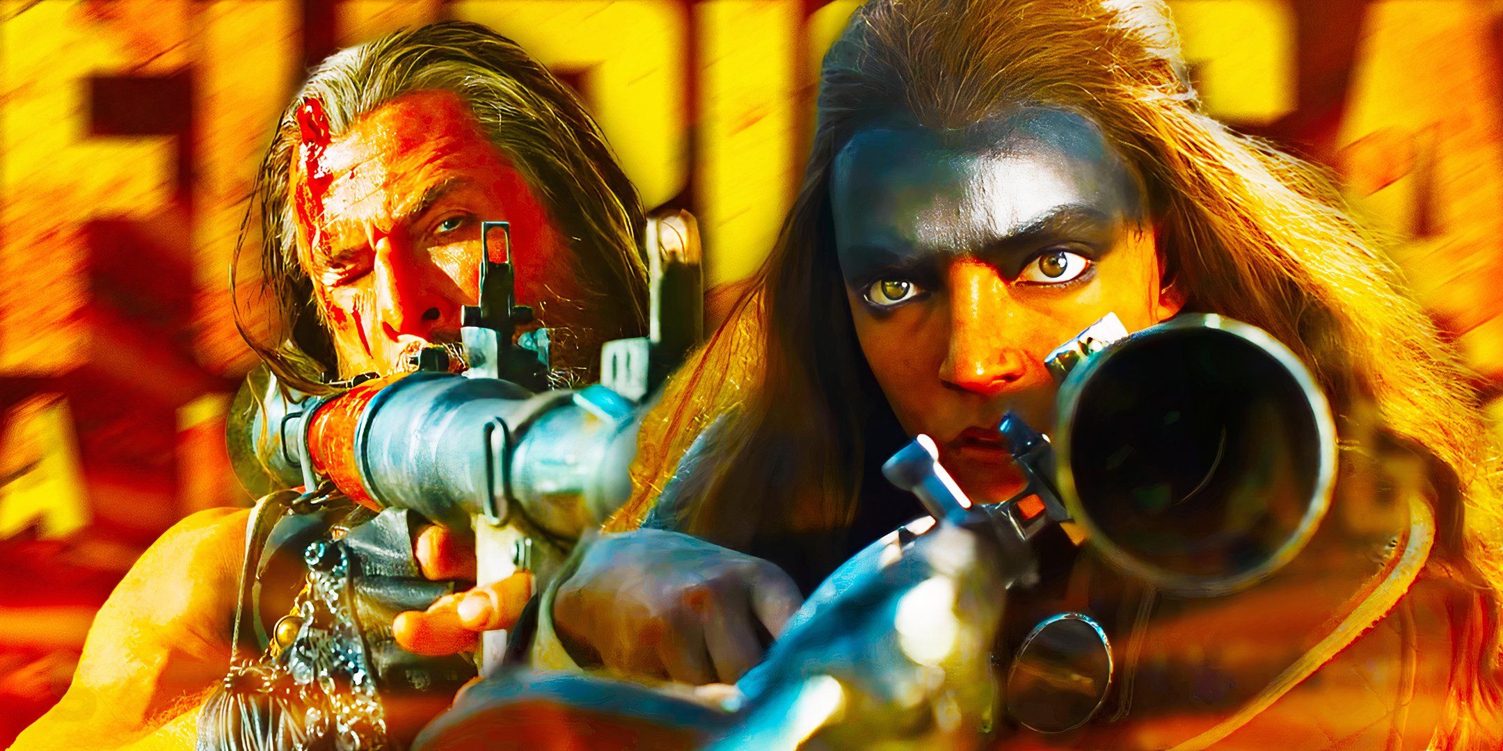 Dementus (Chris Hemsworth) aiming a rocket launcher and Furiosa (Anya Taylor-Joy) reloading a sniper rifle in Furiosa: A Mad Max Saga