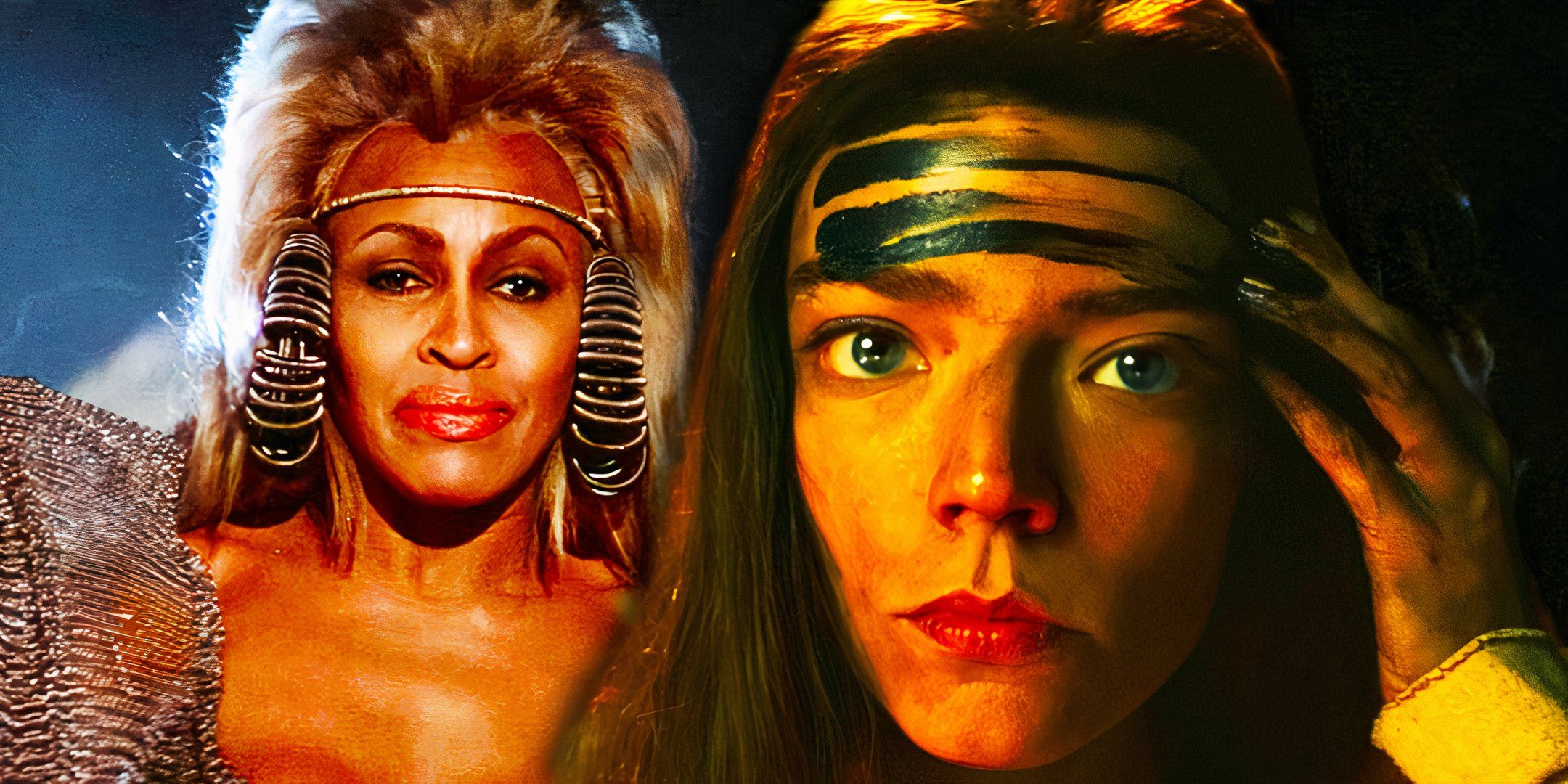 Tina Turner as Aunty Entity in Mad Max Beyond Thunderdome and Anya Taylor-Joy as Furiosa in Furiosa: A Mad Max Saga
