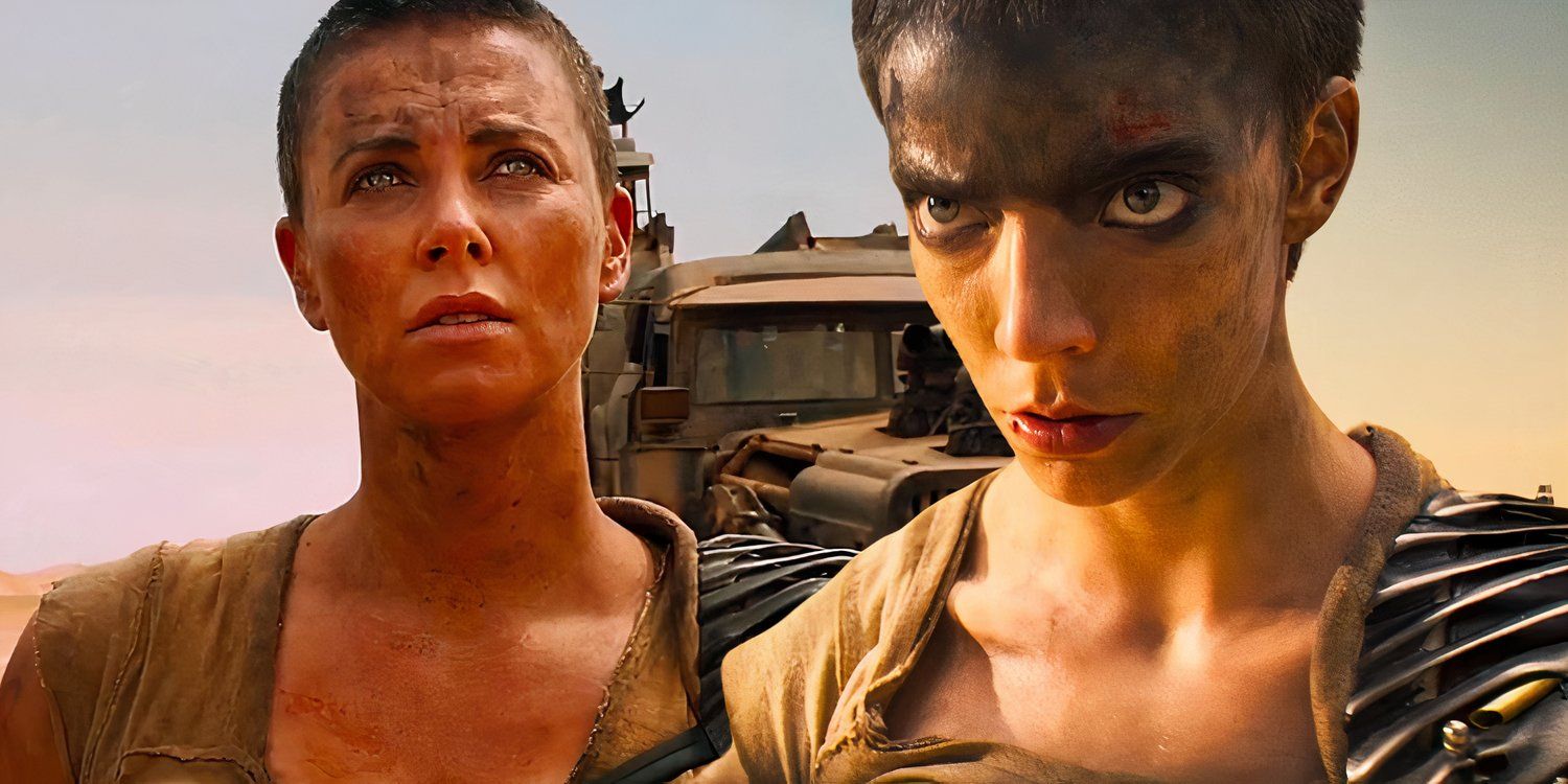 Furiosa (Charlize Theron) next to the War Rig in Mad Max: Fury Road and Furiosa (Anya Taylor-Joy) looking mad in Furiosa: A Mad Max Saga