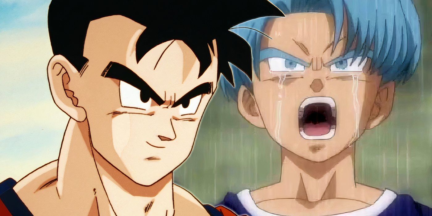 Future Gohan smiling to the left and Future Kid Trunks screaming in the rain to the right
