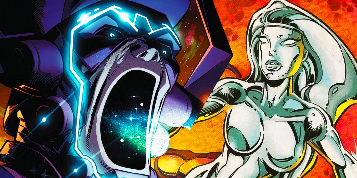 Galactus and Shalla-Bal's Silver Surfer fighting in Marvel Comics