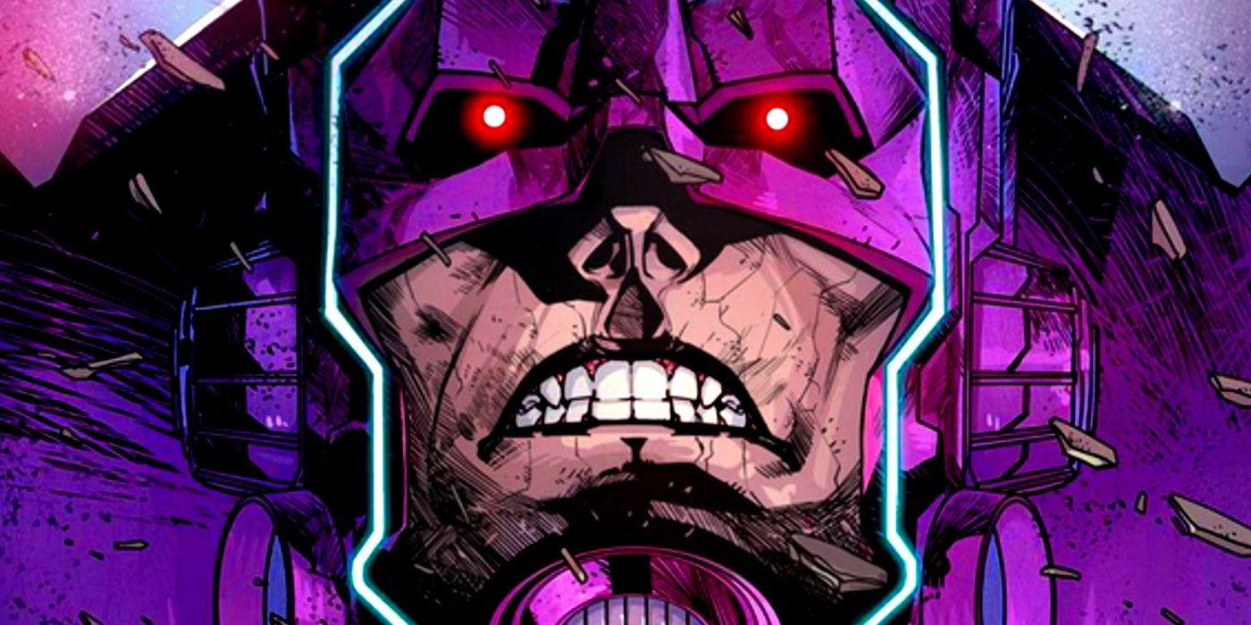 Close up of Galactus, gritting his teeth, as energy surges from his eyes.