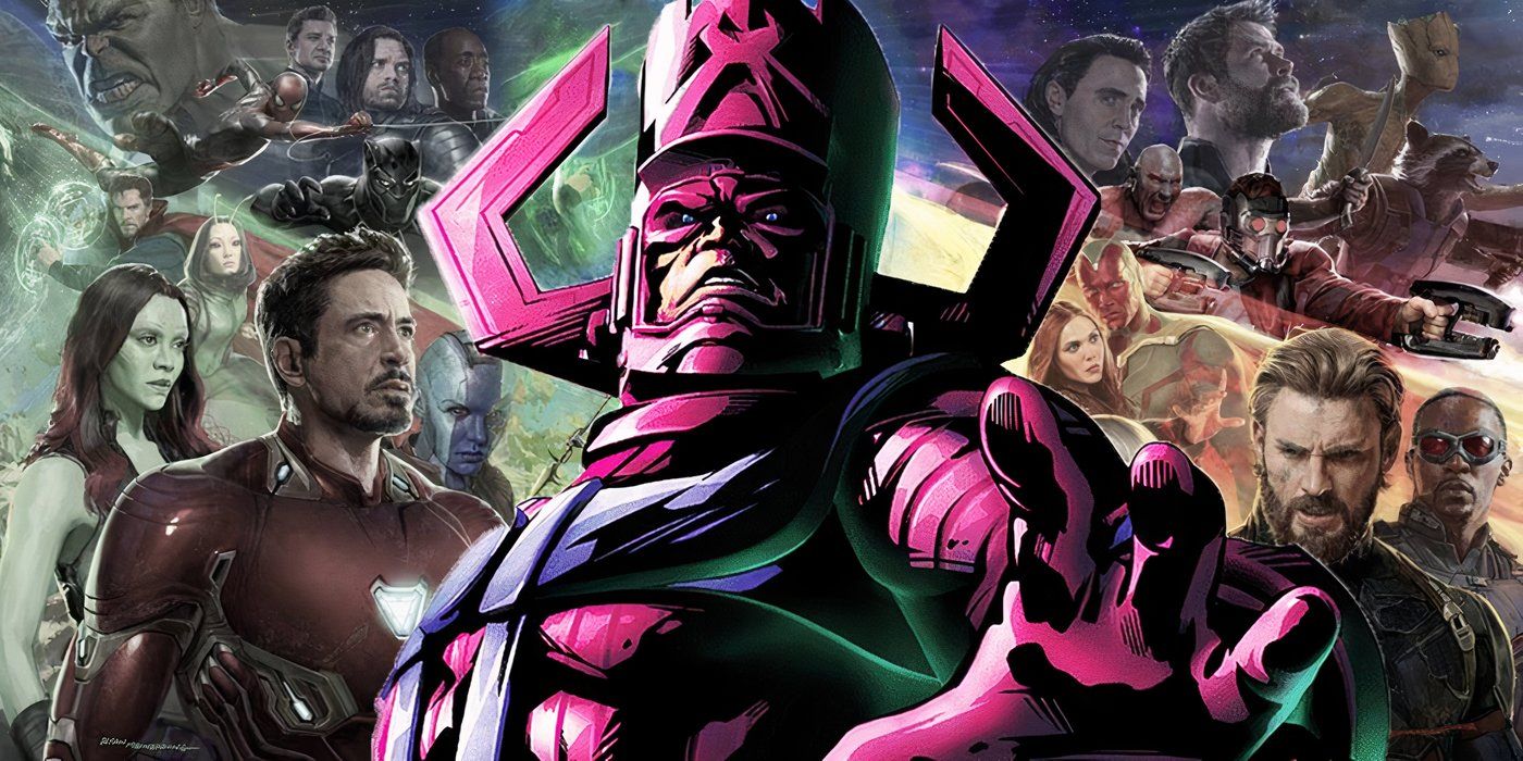 Marvel Comics' Galactus with the MCU Avengers behind him.