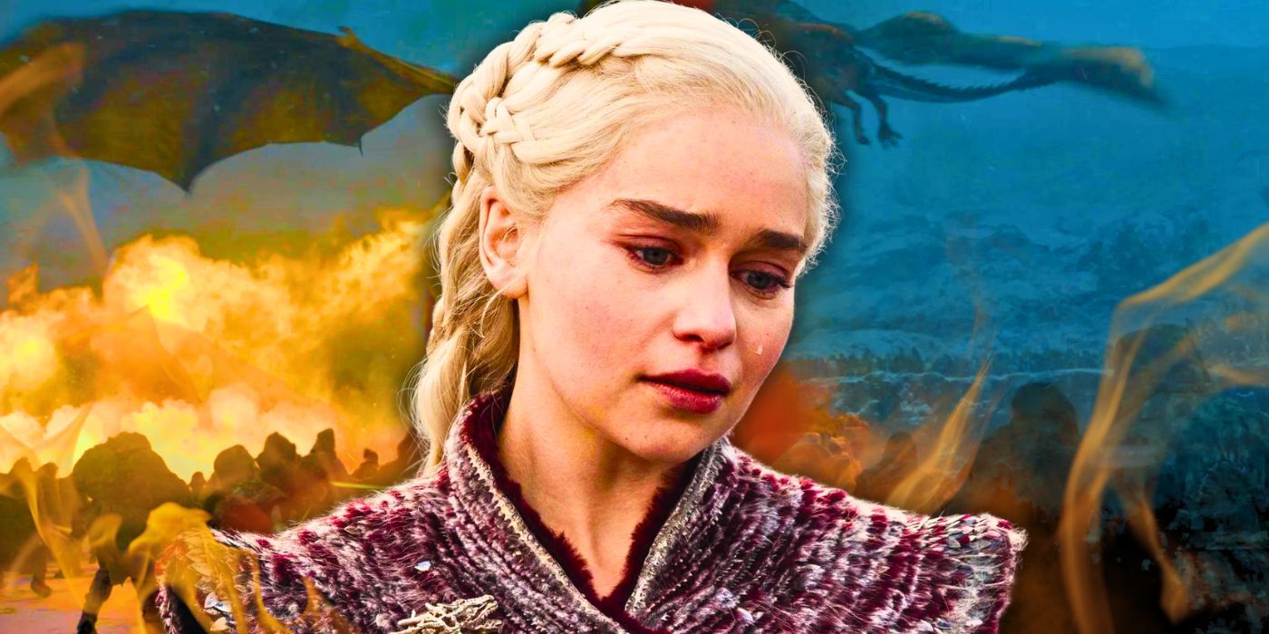 Emilia Clarke as Daenerys Targaryen crying in Game of Thrones with dragons as the background