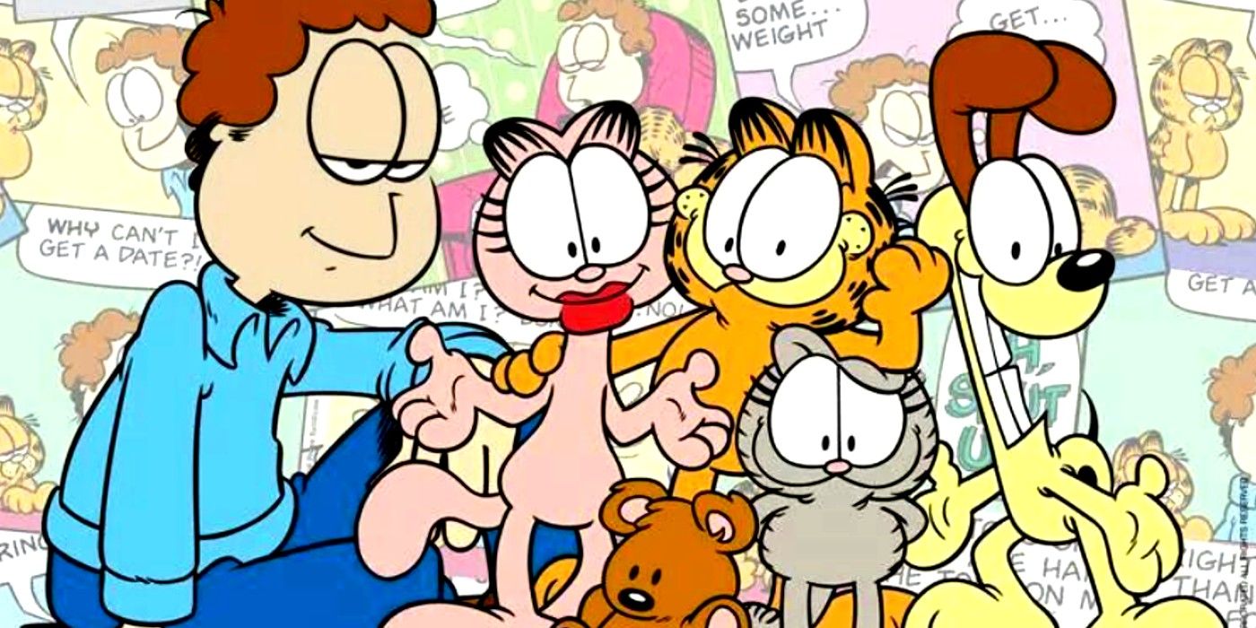 Extended Garfield cast, including Jon Arbuckle, Odie, several female cats, and even a teddy bear.