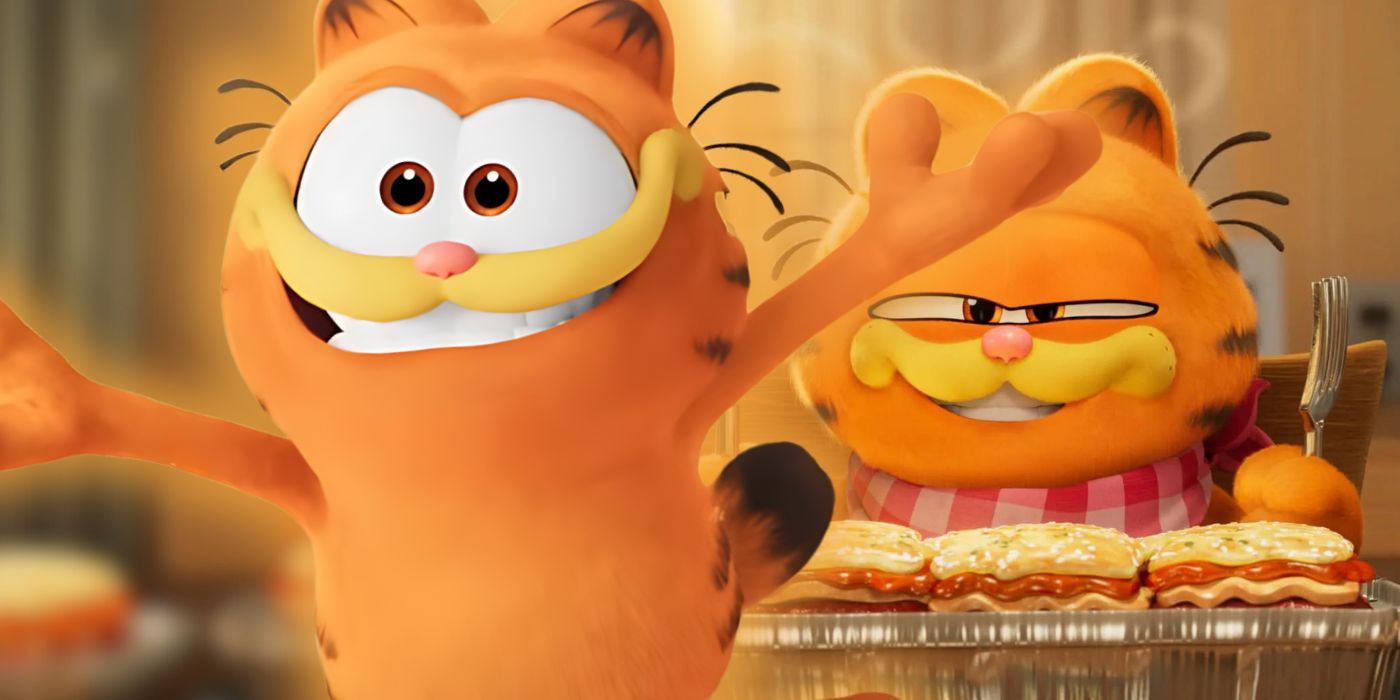 Garfield (Chris Pratt) looking excited with Garfield smugly eating lasagna in Garfield (2024)
