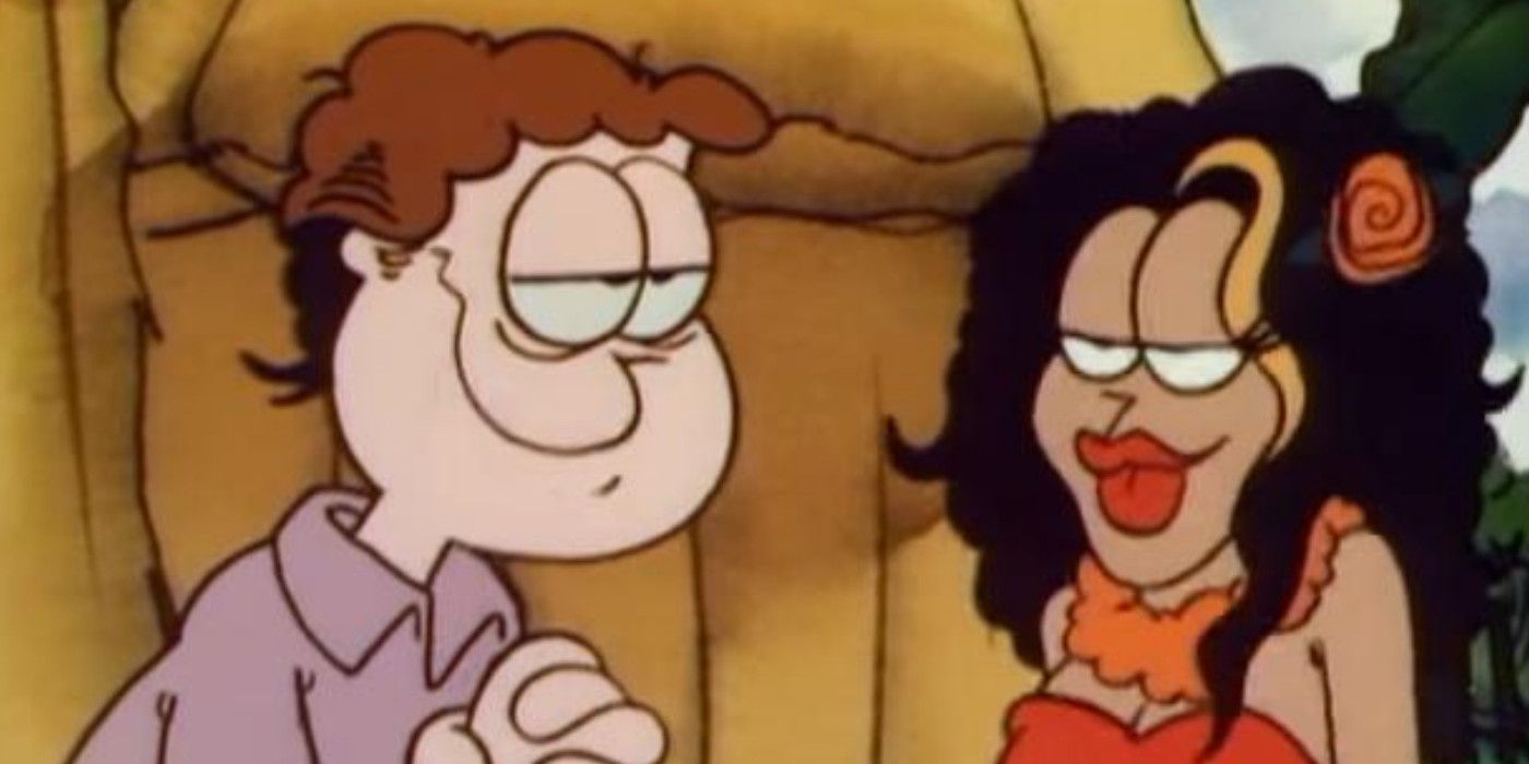 Garfield no Paraíso Jon exibindo uma mulher de cabelo escuro, enquanto ele tem um sorriso no rosto 