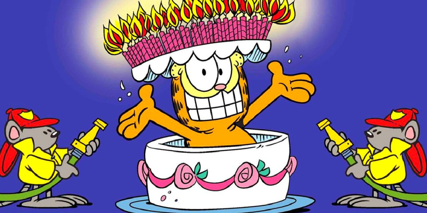 Garfield pulando de um bolo de aniversário