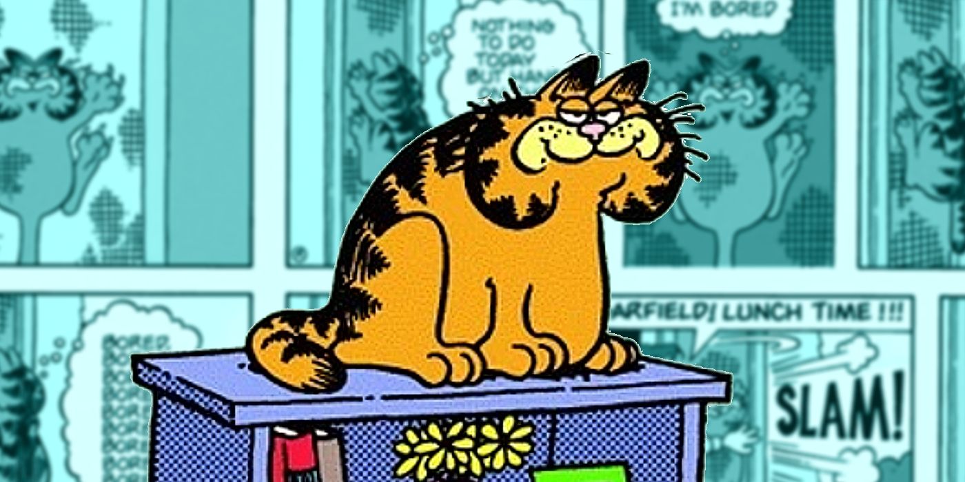 Garfield sentado em uma estante, sorrindo