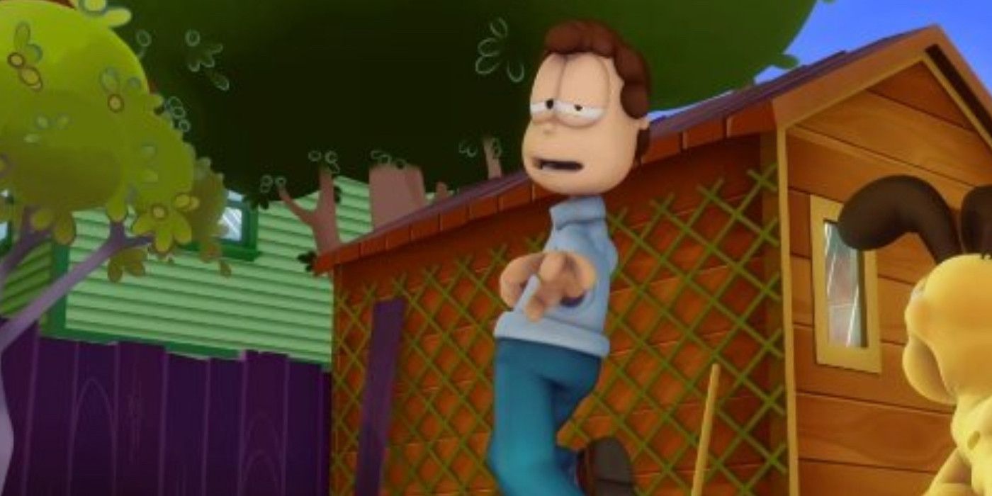 Garfield mostra Jon vestindo uma roupa azul e estendendo a mão, parado ao lado de um galpão