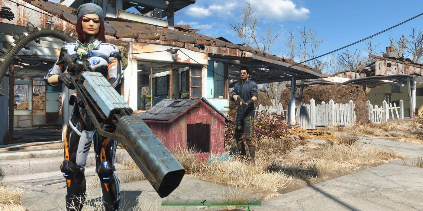 Companheiro do jogador empunhando o rifle Gauss em Fallout 4.