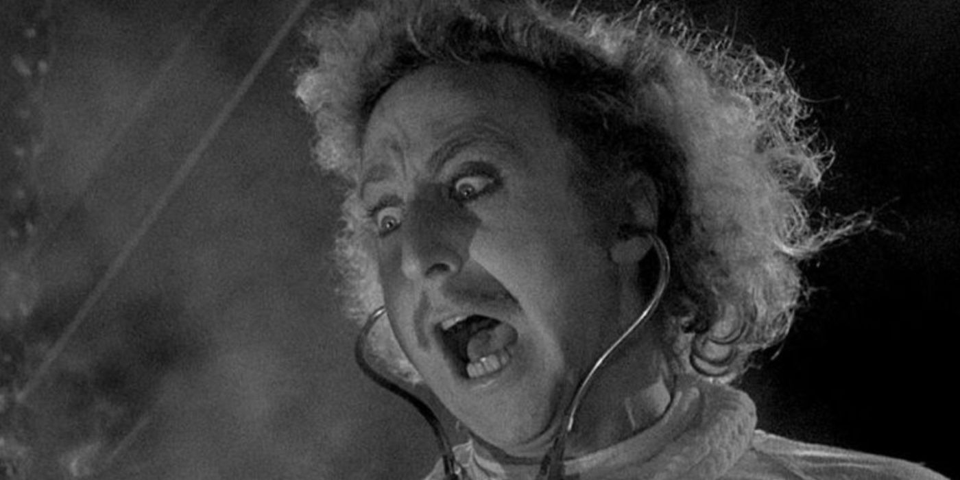 Gene Wilder as Dr Freddy Frankenstein in his lab in Young Frankenstein