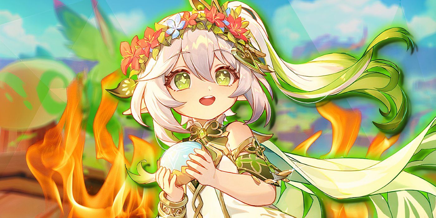 Genshin Impact's Nahida smiles while fire burns behind her.