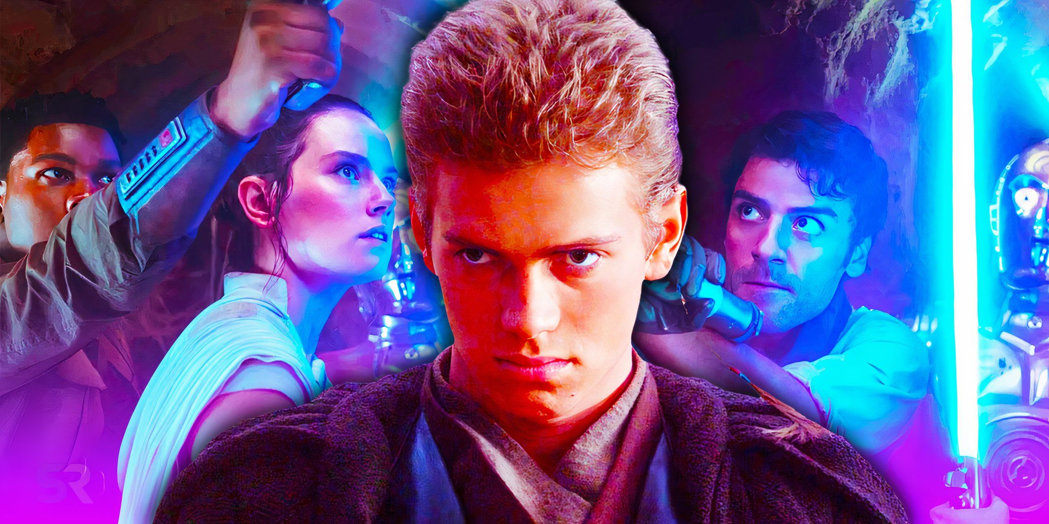 Hayden Christensen's Anakin Skywalker looking angry, edited over Finn, Rey, and Poe