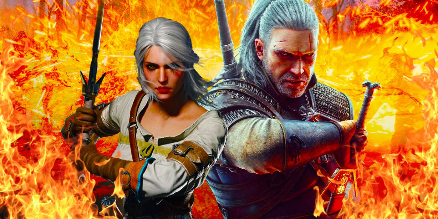 Geralt and Ciri from the Witcher 3 in front of fire.