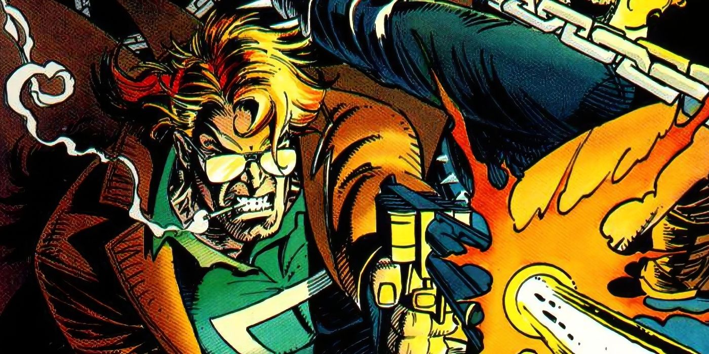 Johnny Blaze disparando sua espingarda Hellfire ao lado do Ghost Rider.