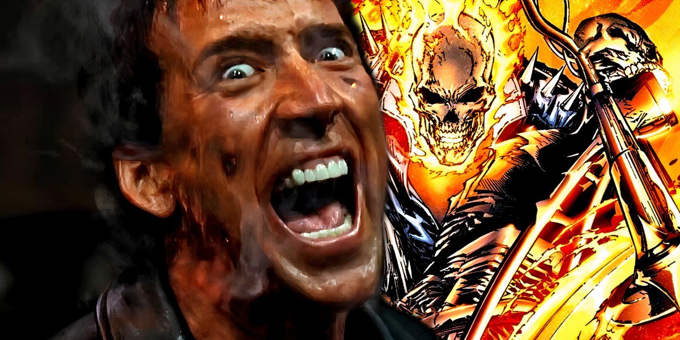 Marvel Comics' Ghost Rider behind Nicholas Cage's Johnny Blaze.