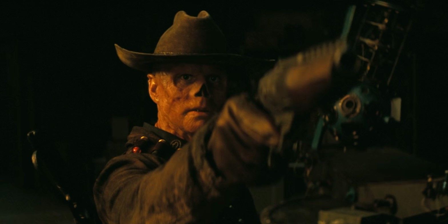 The Ghoul (Walton Goggins) aims his pistol at Hank MacLean in the final episode of Fallout