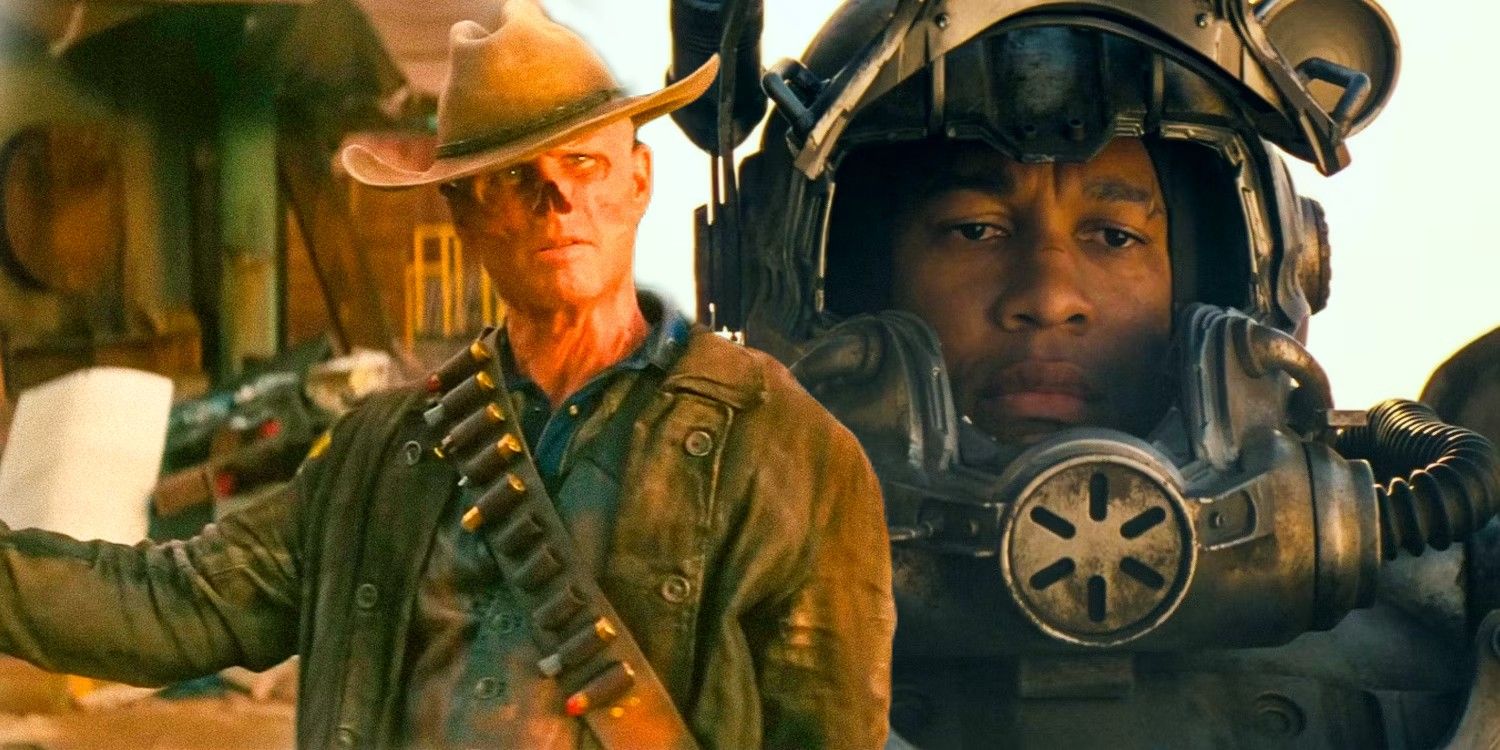 The Ghoul (Walton Goggins) aims his gun to the side with a confused look on his face next to Maximus (Aaron Moten) with a disinterested look on his face peering out from under the helmet of his power armor in Fallout