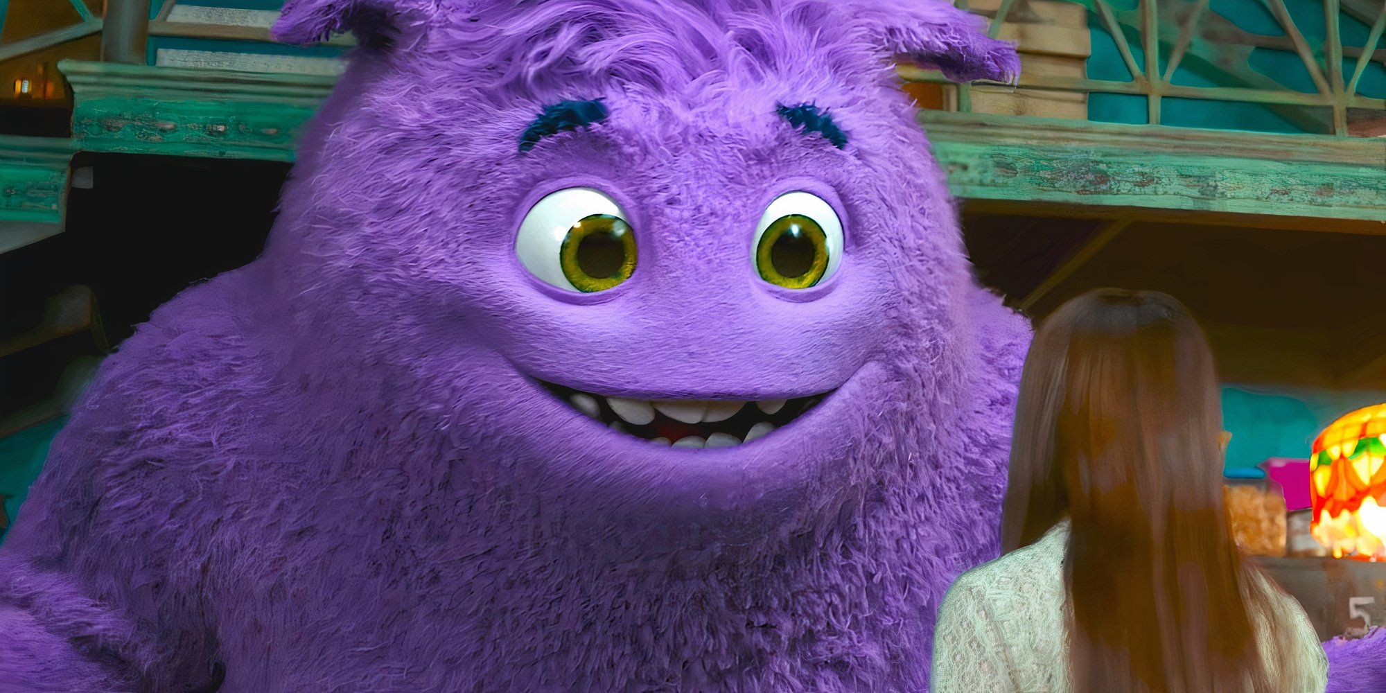 A large purple monster with big friendly eyes talks to a small girl with long hair in a scene from IF