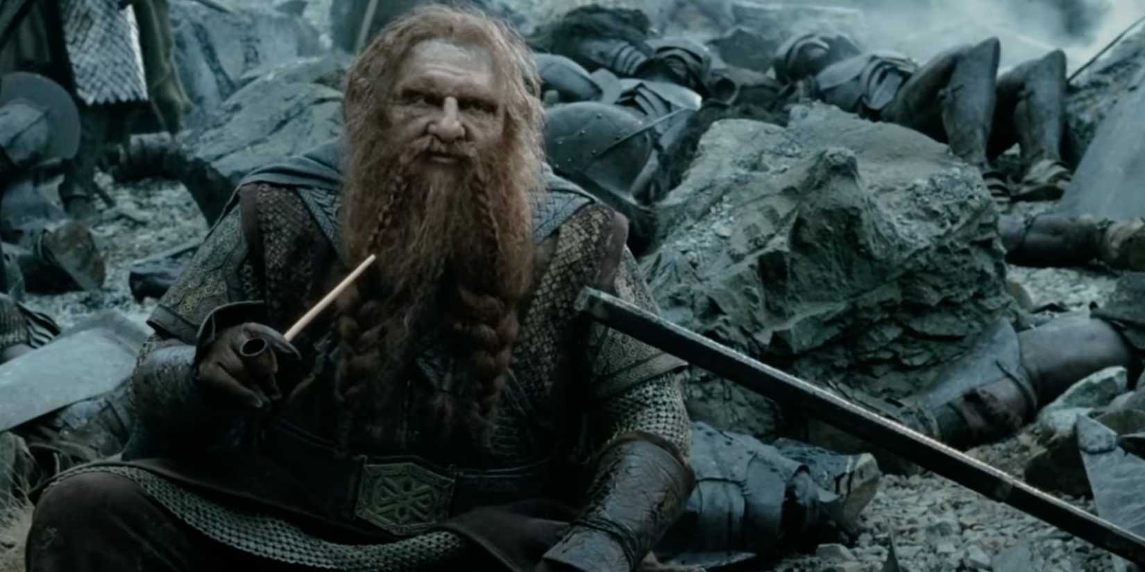 John Rhys-Davies as Gimli after a battle in The Lord of the Rings: The Two Towers.