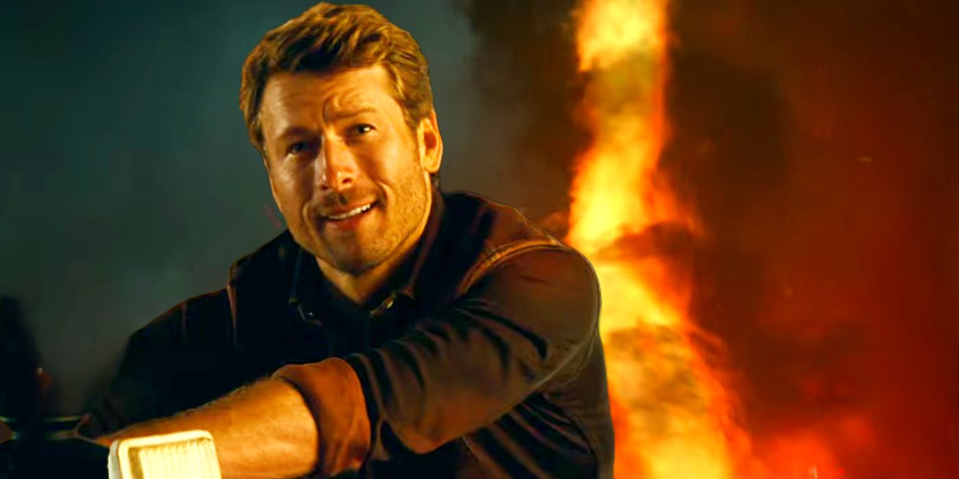 Glen Powell as Tyler Owens from Twisters in Front of a Flaming Tornado