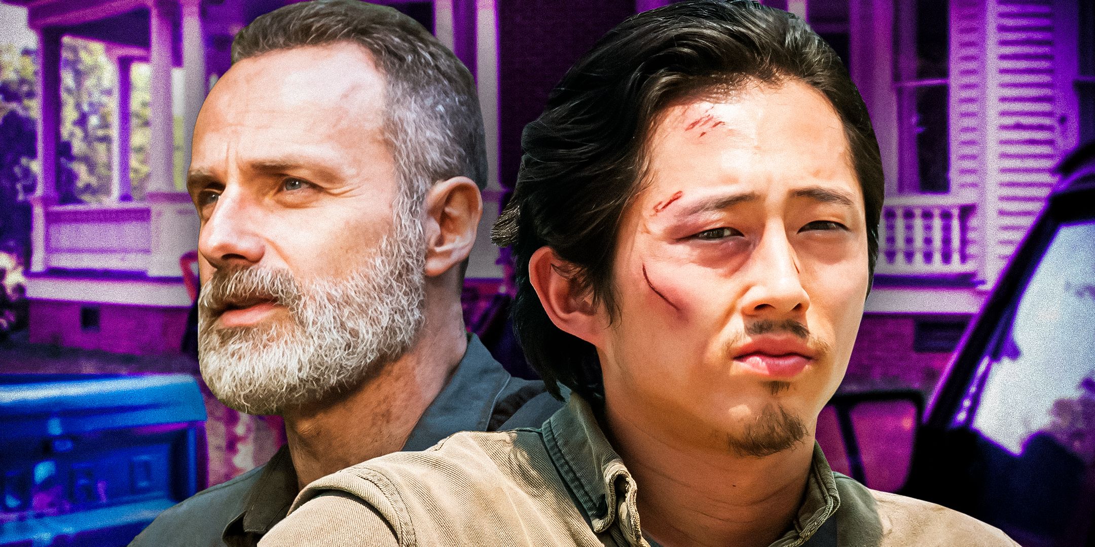 Glenn and Rick Grimes from The Walking Dead in front of a purple house background