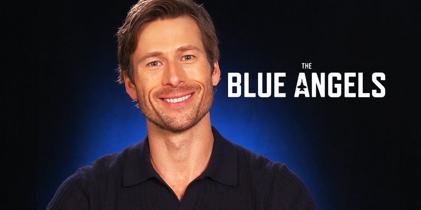 Edited image of Glen Powell during Blue Angels interview