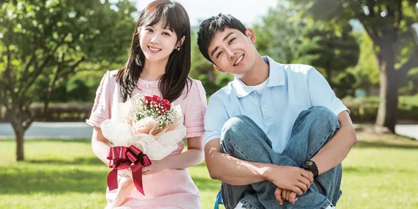 A woman holding a bouquet and a man sitting next o her in the park in Go Back Couple (2017)