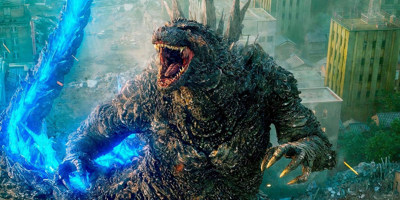 Godzilla from Godzilla: Minus One destroying a city.