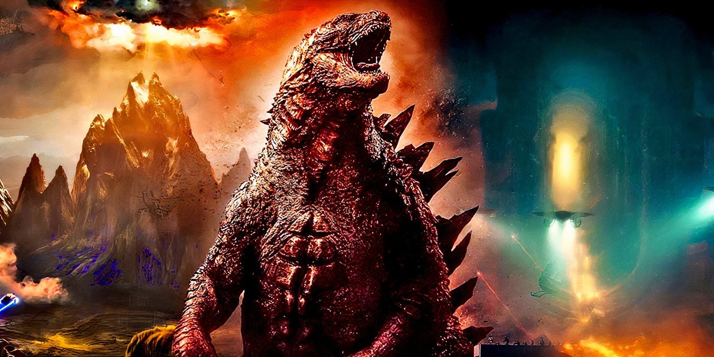 Godzilla with different locations in the MonsterVerse's 'hollow Earth' behind him.