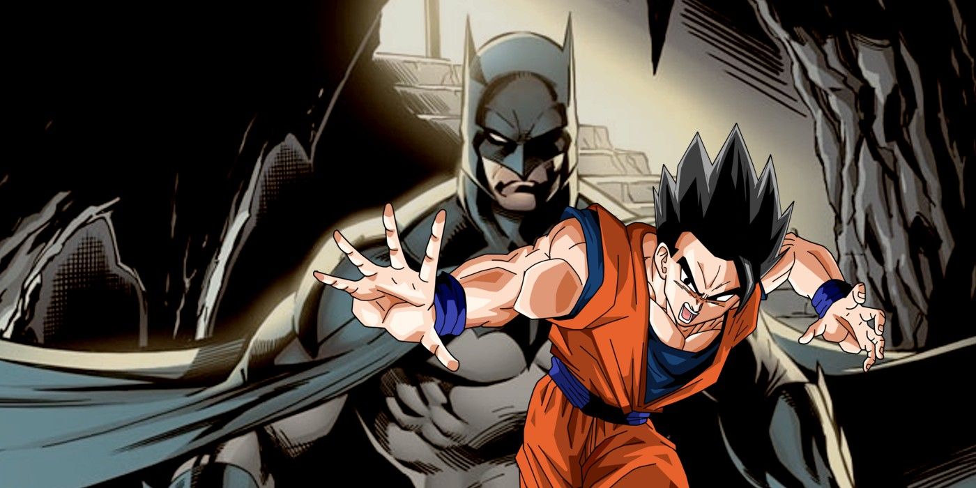 Gohan em pose de poder na frente do Batman da DC