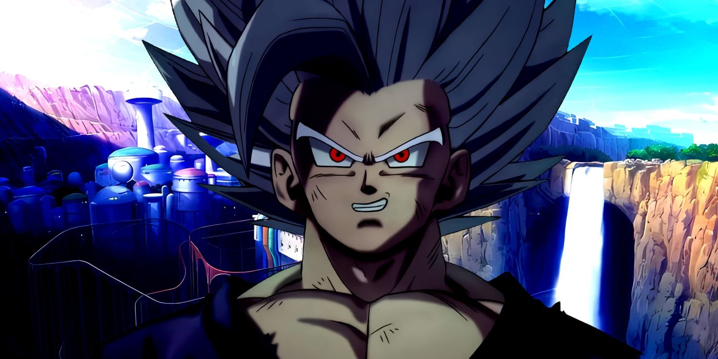 Gohan in his Beast Form as seen in the Super Hero movie. Behind him, the Red Ribbon Army HQ can be seen. 