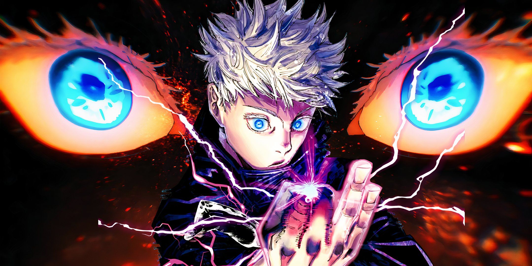 Gojo using hollow purple with the six eyes in the background in jujutsu kaisen