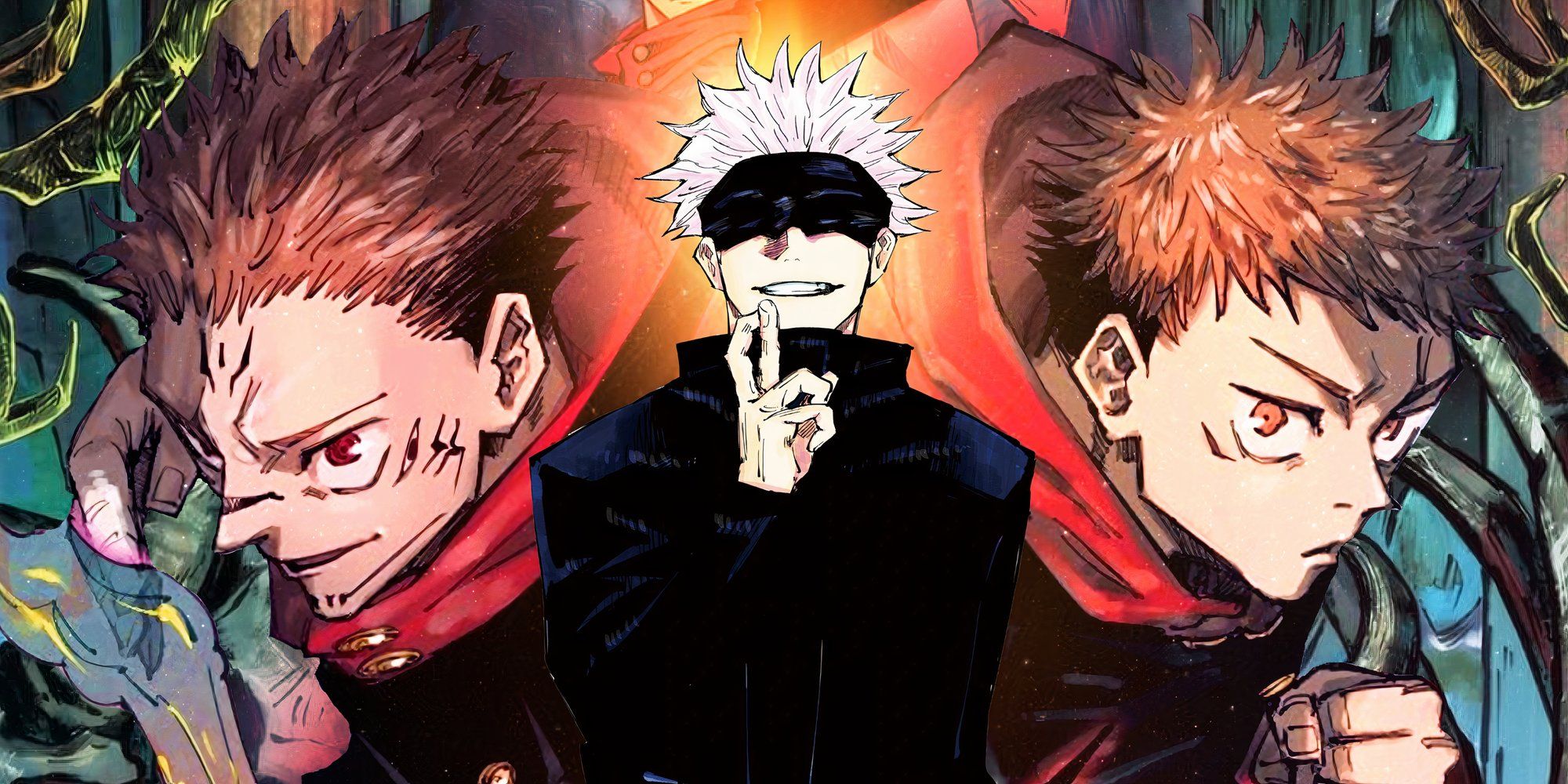 gojo wearing his blindfold and smiling with his fingers crossed in the center with sukuna to left and yuji to the right in the background in jujutsu kaisen